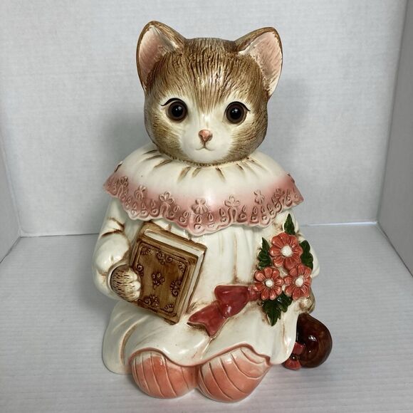 unbranded Other - Vintage Ceramic Cookie Jar Kitty Cat in Dress Book Flowers Beautiful Eyes Japan